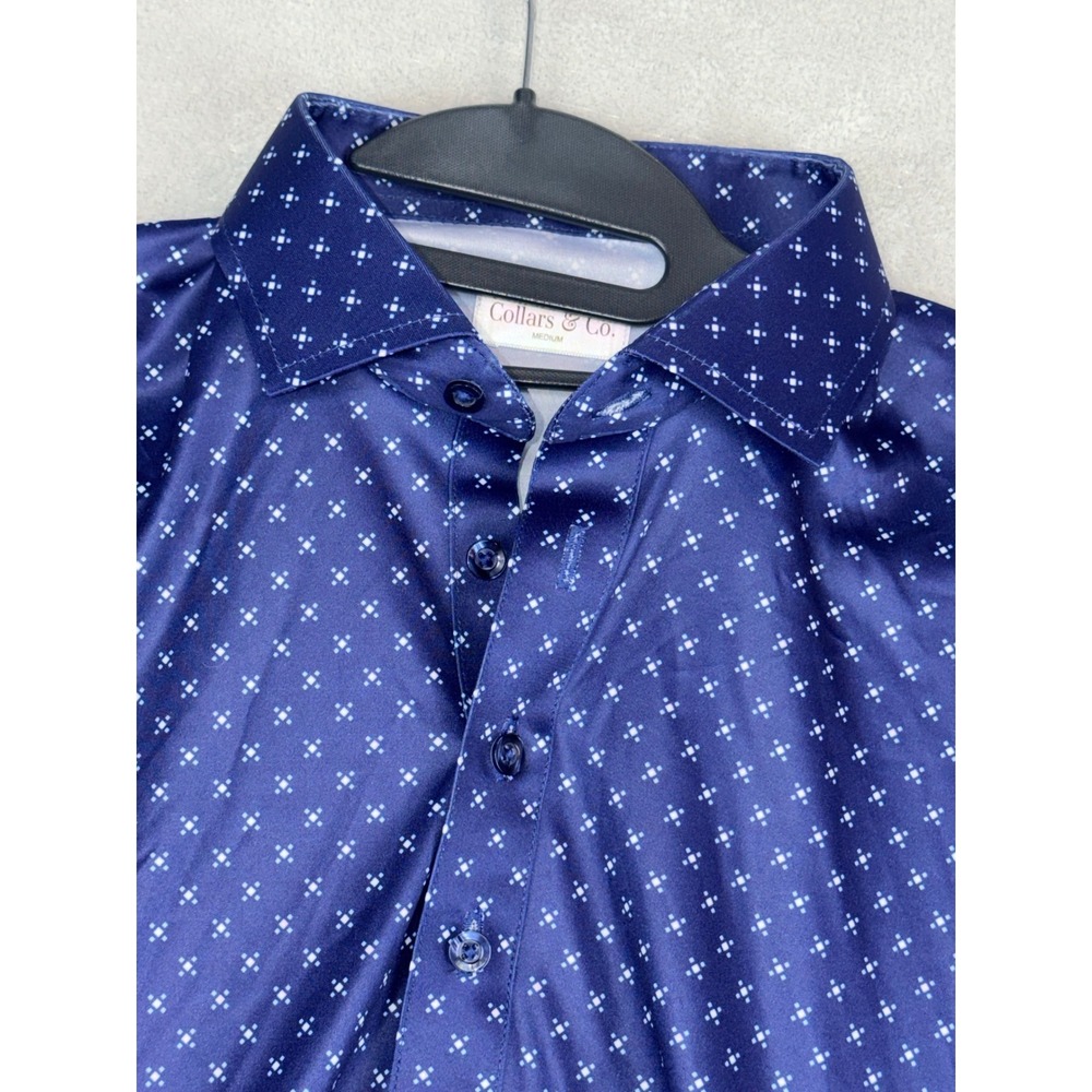 Collars &‎ Co Mens Dress Collar Polo Shirt Navy Blue Geometric Print Medium NWT